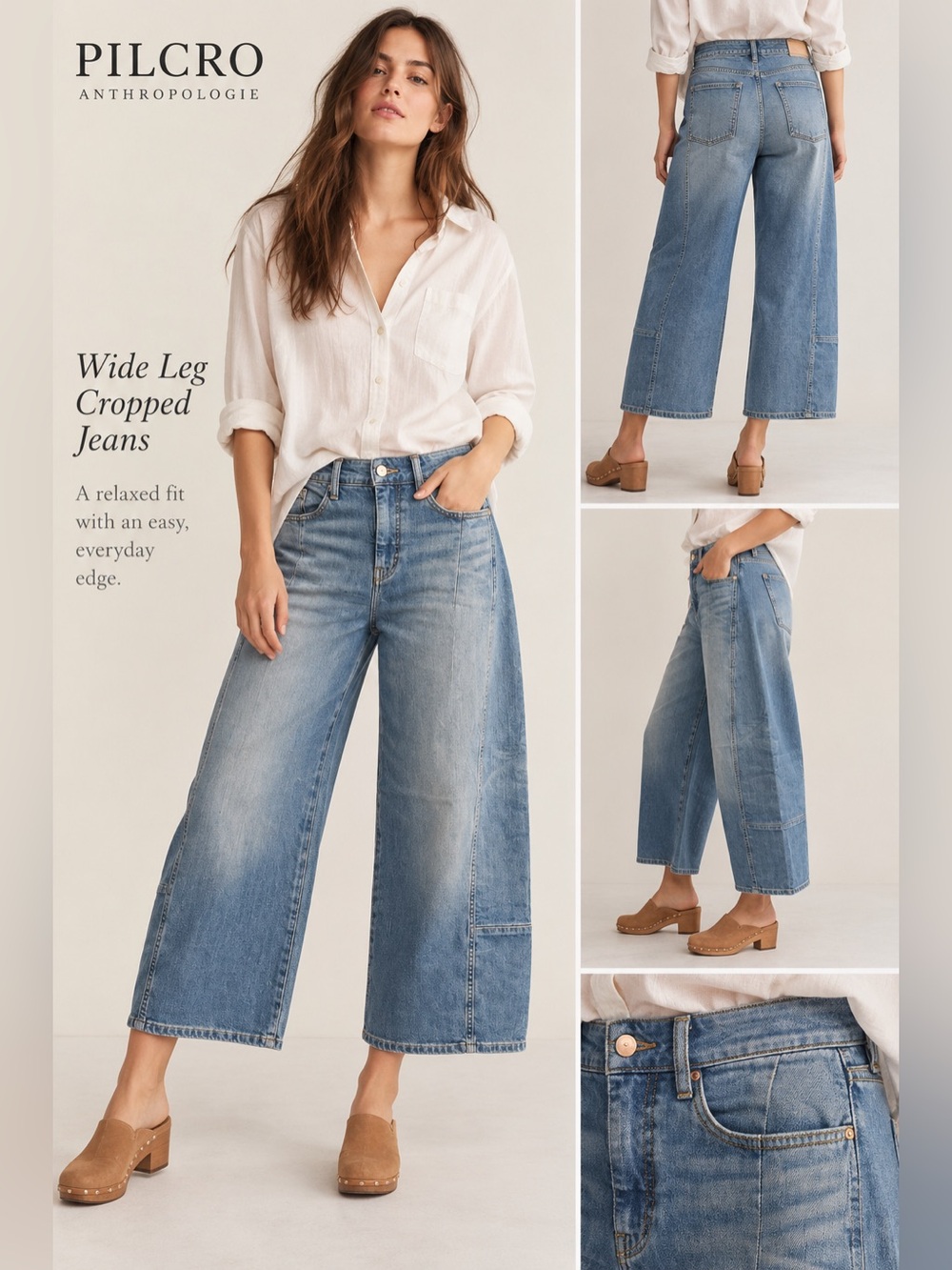 Pilcro Anthropologie Wide Leg Cropped Jeans 25P Petite Medium Wash Denim